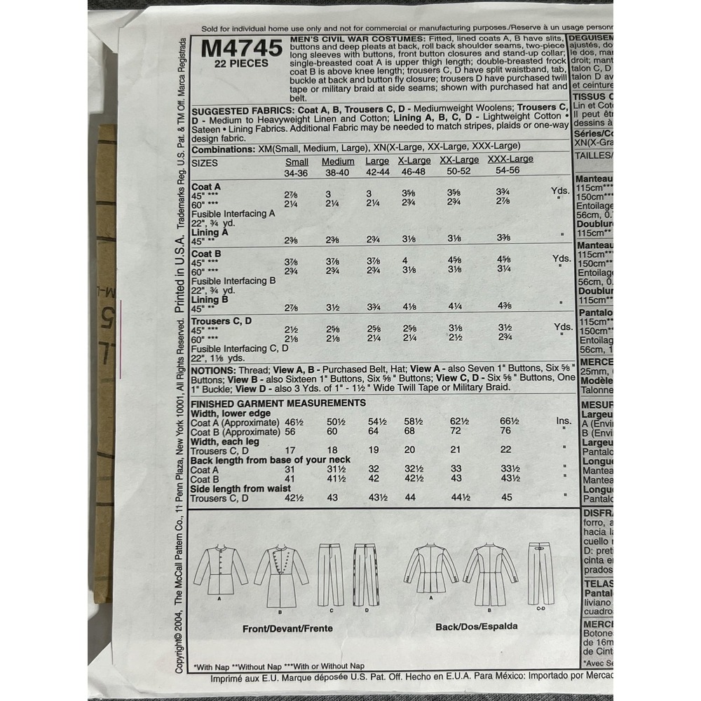 Vintage McCall's Costumes Pattern M4745 Mens Civil War Uniform Coat Trousers XM - Picture 5 of 6